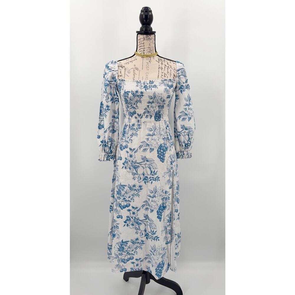 B71 Reformation Gitane Linen Midi Dress Womens XS Floral Square Neck Puff Sleeve - Picture 4 of 9